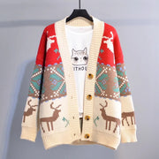 Korean Oversized Deer Christmas Knit Cardigan for Women - Trendy Long Sweater Jacket 2023 ✨