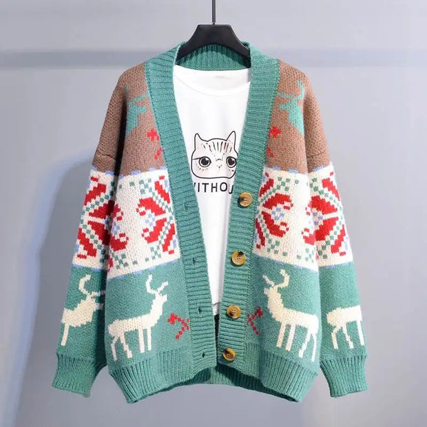 Korean Oversized Deer Christmas Knit Cardigan for Women - Trendy Long Sweater Jacket 2023 ✨