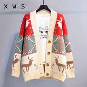 Korean Oversized Deer Christmas Knit Cardigan for Women - Trendy Long Sweater Jacket 2023 ✨