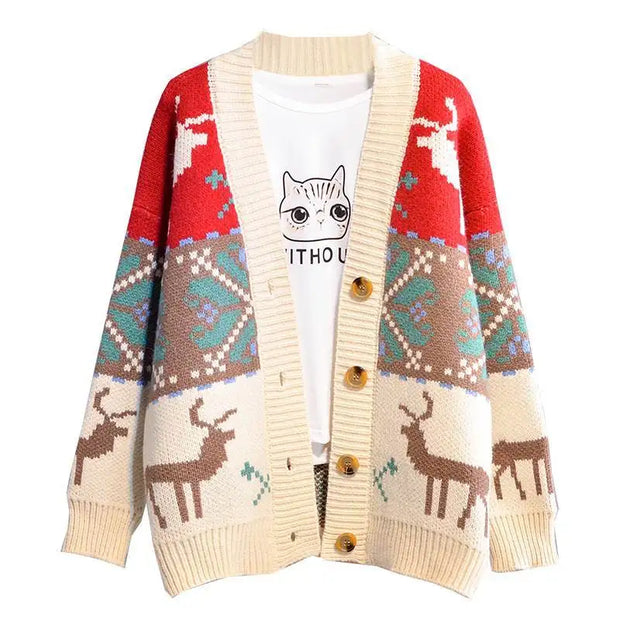 Korean Oversized Deer Christmas Knit Cardigan for Women - Trendy Long Sweater Jacket 2023 ✨