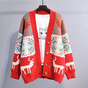 Korean Oversized Deer Christmas Knit Cardigan for Women - Trendy Long Sweater Jacket 2023 ✨