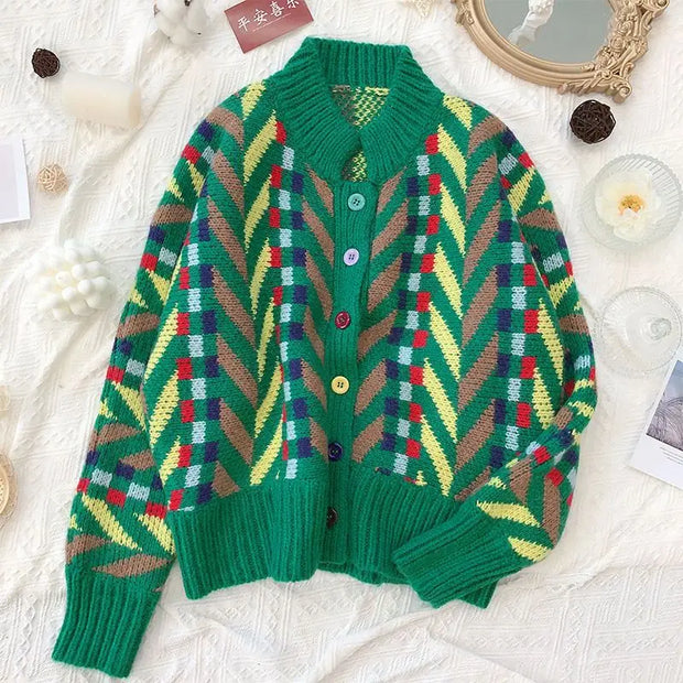 Cozy & Chic Christmas Sweater Cardigan - Retro Japanese Plaid Loose-Fit Green Coat for Women