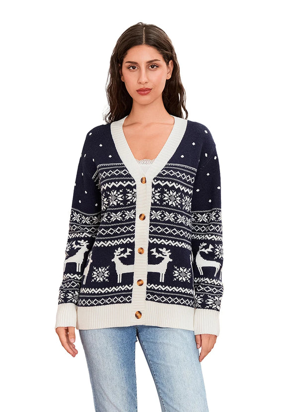 Women's Reindeer & Snowflake Knit Button-Down Cardigan – V-Neck Long Sleeve Sweater