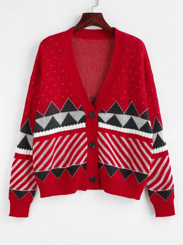 ZAFUL Women’s Christmas V-Neck Geometric Cardigan | Cozy Button-Up Sweater for Holiday Style (Autumn/Winter 2024)