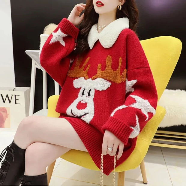 Cozy Reindeer Christmas Sweater 2023 – Winter Women's Pullover | Loose-Fit Holiday Sweater for Office & Casual Wear