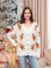 Cozy & Festive Women's Gingerbread Man Christmas Cardigan – Button-Front V-Neck Ribbed Knit Sweater for the Holidays