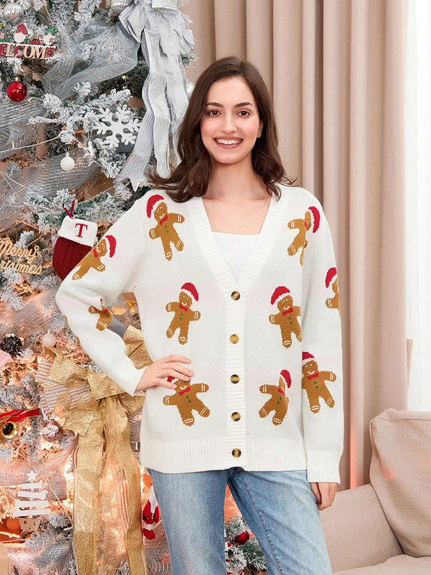 Cozy & Festive Women's Gingerbread Man Christmas Cardigan – Button-Front V-Neck Ribbed Knit Sweater for the Holidays