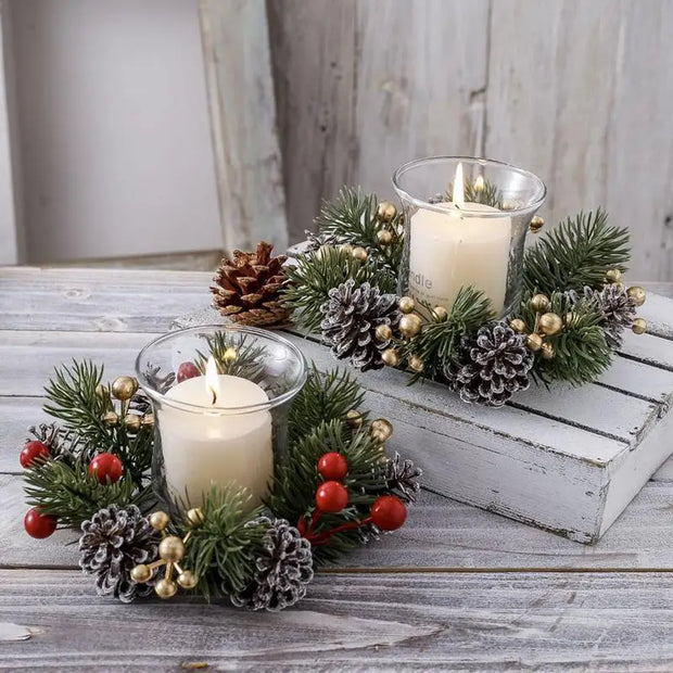 Holidays: Christmas Candlestick Wreath with Artificial Berry Garland | Elegant Xmas Candle Holder Decor