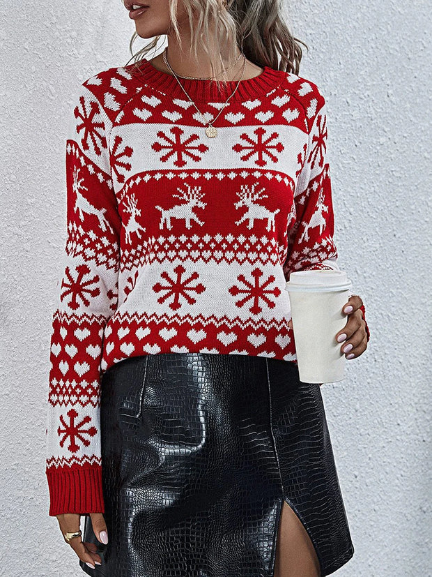 Cozy & Festive Women's Christmas Sweater – Reindeer Snowflake Long Sleeve Ribbed Knit Top for Holiday Cheer!