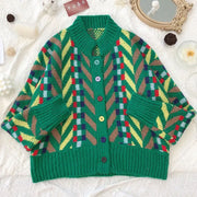 Cozy & Chic Christmas Sweater Cardigan - Retro Japanese Plaid Loose-Fit Green Coat for Women