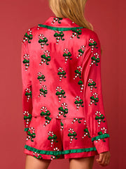 Women’s Christmas Pajamas Set – 2-Piece Loungewear with Candy Cane & Cocktail Glass Print – Perfect Holiday Sleepwear!