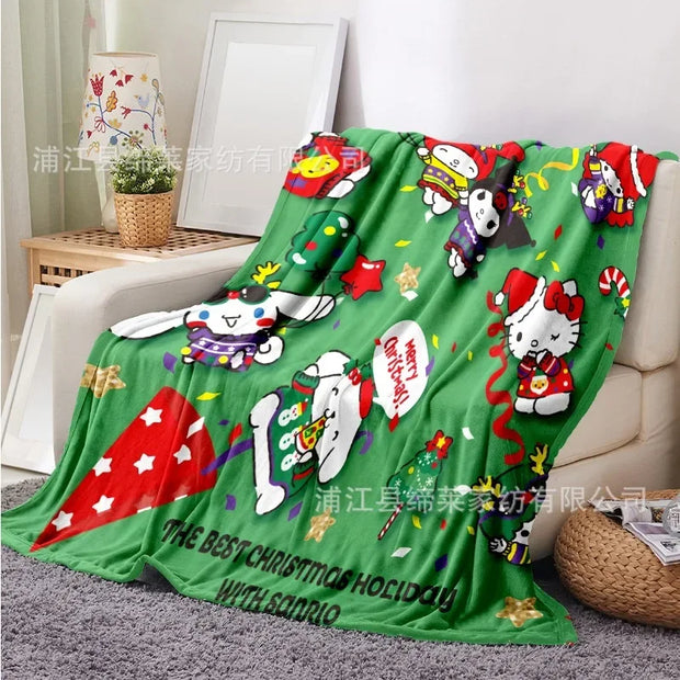 Kawaii Christmas Flannel Plush Blanket – Hello Kitty, Kuromi & My Melody 🎁