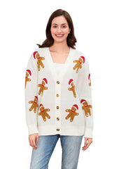 Festive Gingerbread Man Cardigan - Women's Christmas Button-Front V-Neck Ribbed Knit Sweater | Cozy Long Sleeve Holiday Fashion