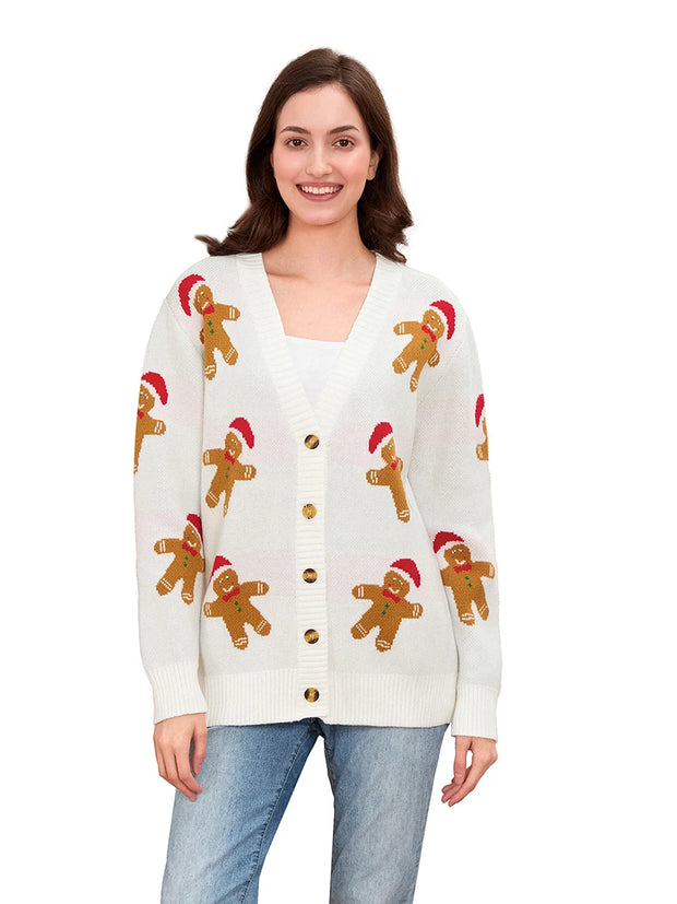 Cozy & Festive Women's Gingerbread Man Christmas Cardigan – Button-Front V-Neck Ribbed Knit Sweater for the Holidays