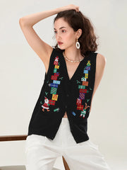 Women's Knit Sweater Vest | V-Neck Button-Up with Festive Patterns