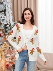 Cozy & Festive Women's Gingerbread Man Christmas Cardigan – Button-Front V-Neck Ribbed Knit Sweater for the Holidays