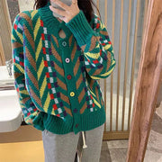 Cozy & Chic Christmas Sweater Cardigan - Retro Japanese Plaid Loose-Fit Green Coat for Women