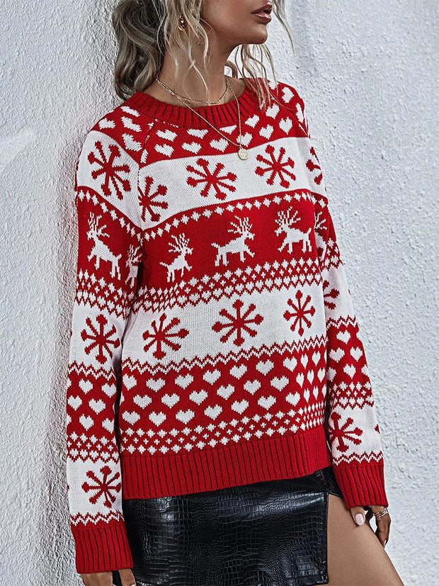 Cozy & Festive Women's Christmas Sweater – Reindeer Snowflake Long Sleeve Ribbed Knit Top for Holiday Cheer!