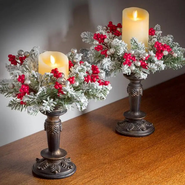 Christmas Candle Rings Wreath – Red Berries, Branches & Leaves Centerpiece for a Rustic Wedding or Cozy Table Décor