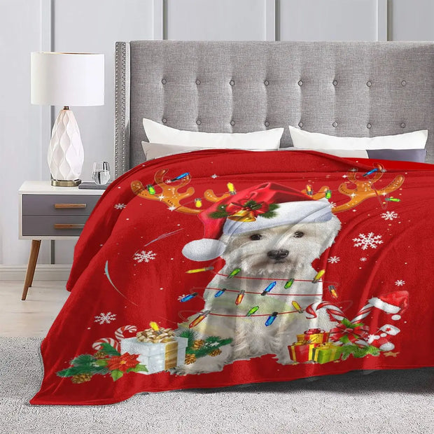 Cozy Westie Reindeer Christmas Lights Dog Blanket – Super Soft Fleece Throw for Ultimate Comfort & Holiday Vibes!