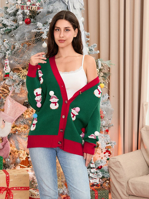 Cozy Women's Christmas Button Sweater - Snowman Knit Cardigan for Fall & Winter Streetwear