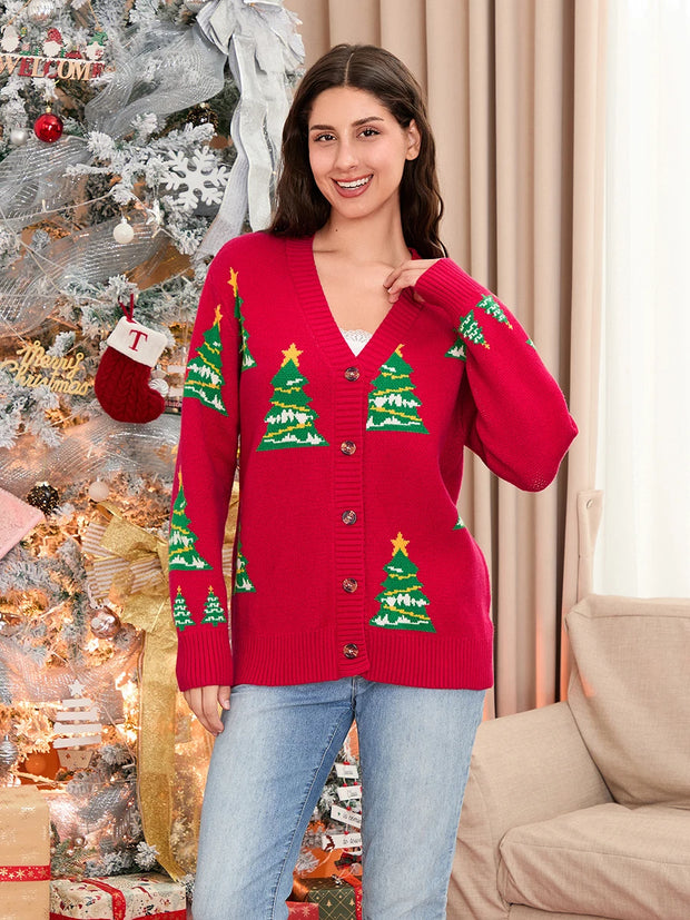 Wsevypo Christmas Tree Print Knit Cardigan – Women's V-Neck Long Sleeve Sweater Coat for Autumn & Winter Warmth!