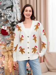 Cozy & Festive Women's Gingerbread Man Christmas Cardigan – Button-Front V-Neck Ribbed Knit Sweater for the Holidays