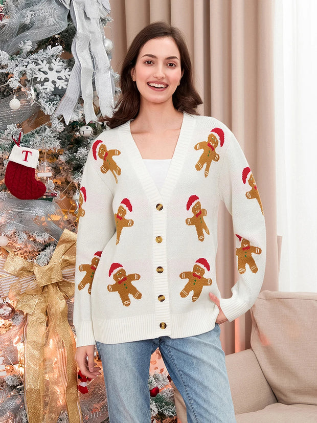 Festive Gingerbread Man Cardigan - Women's Christmas Button-Front V-Neck Ribbed Knit Sweater | Cozy Long Sleeve Holiday Fashion