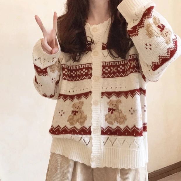 Cozy & Chic Women’s Y2K Vintage Knitted Cardigan – Christmas Bear Print, Long Sleeve, Button Down Sweater for Autumn/Winter