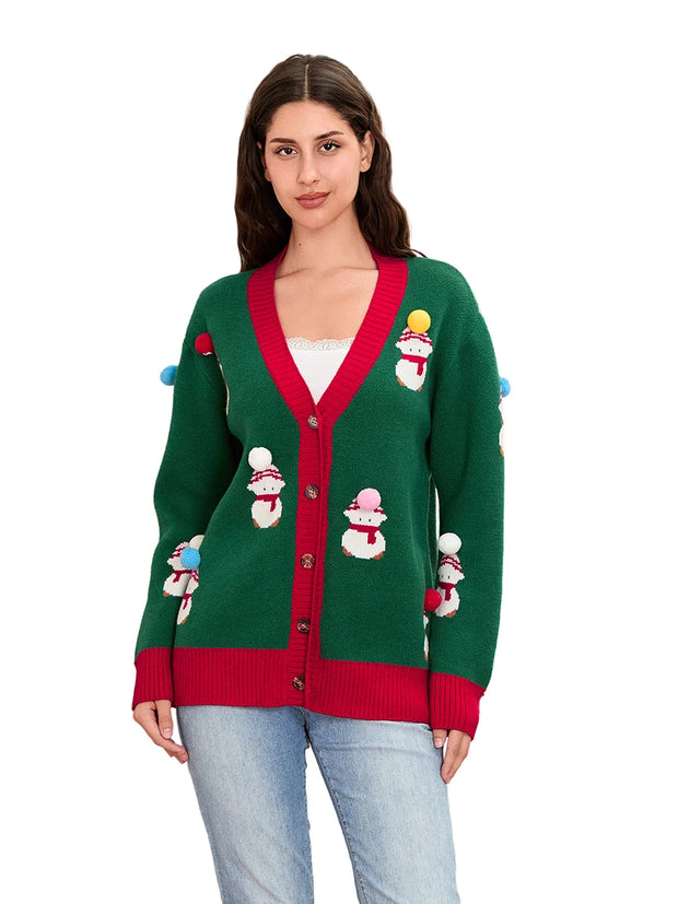 Cozy Women's Christmas Button Sweater - Snowman Knit Cardigan for Fall & Winter Streetwear