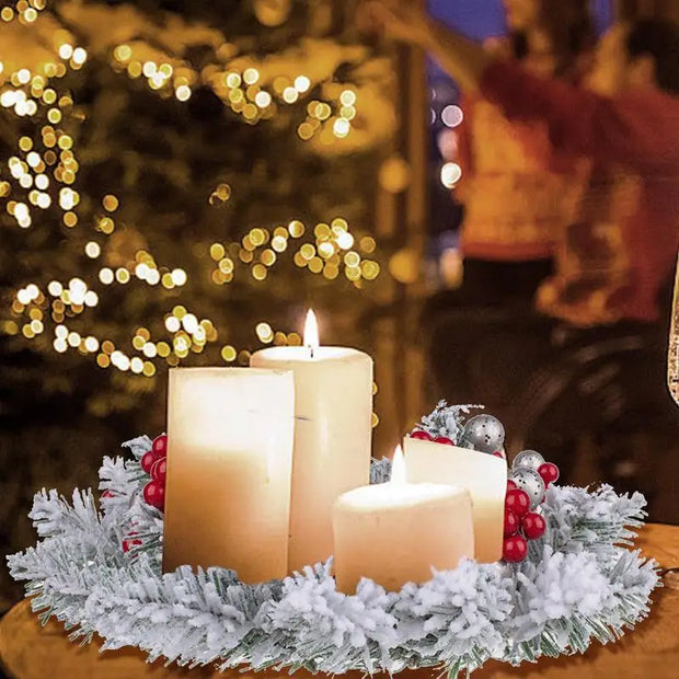 Christmas Candle Rings Wreath – Red Berries, Branches & Leaves Centerpiece for a Rustic Wedding or Cozy Table Décor