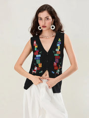 Women's Knit Sweater Vest | V-Neck Button-Up with Festive Patterns