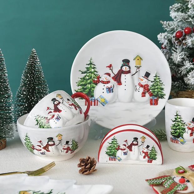 🎄 Nordic Charm Snowman Tableware – Eco-Friendly Porcelain Bowls & Plates 🌟