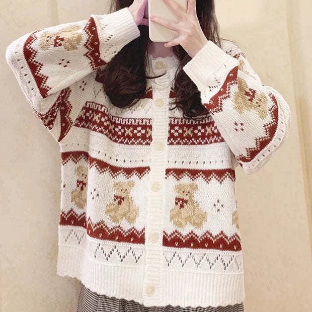 Cozy & Chic Women’s Y2K Vintage Knitted Cardigan – Christmas Bear Print, Long Sleeve, Button Down Sweater for Autumn/Winter