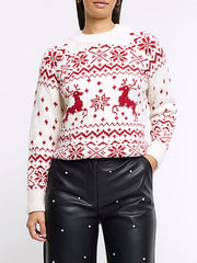 ✨ Cozy Chic Christmas Sweater for Women – Reindeer & Snowflake Print Knit Jumper | Perfect for Holiday Vibes! 🎄🎁