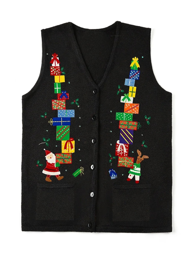 Women's Knit Sweater Vest | V-Neck Button-Up with Festive Patterns