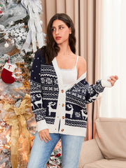 Women's Reindeer & Snowflake Knit Button-Down Cardigan – V-Neck Long Sleeve Sweater