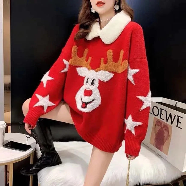 Cozy Reindeer Christmas Sweater 2023 – Winter Women's Pullover | Loose-Fit Holiday Sweater for Office & Casual Wear