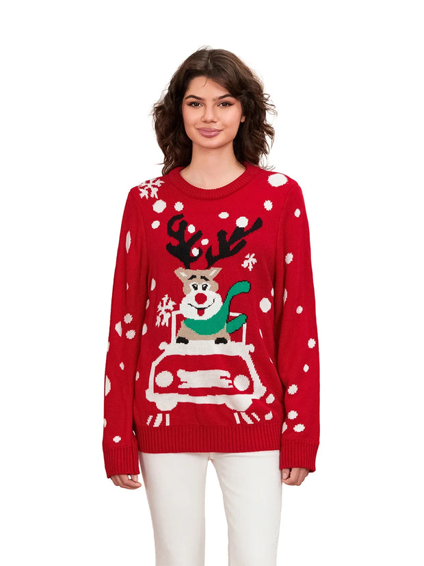 Cozy Reindeer Christmas Sweater for Women | Ribbed Knitted Long Sleeve Round Neck Top | Festive Holiday Fashion