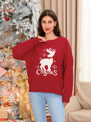 Women's Christmas Sweater with Reindeer, Letter & Bow Details - Long Sleeve Ribbed Knitted Top for Holiday Cheer