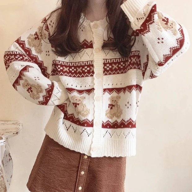 Cozy & Chic Women’s Y2K Vintage Knitted Cardigan – Christmas Bear Print, Long Sleeve, Button Down Sweater for Autumn/Winter