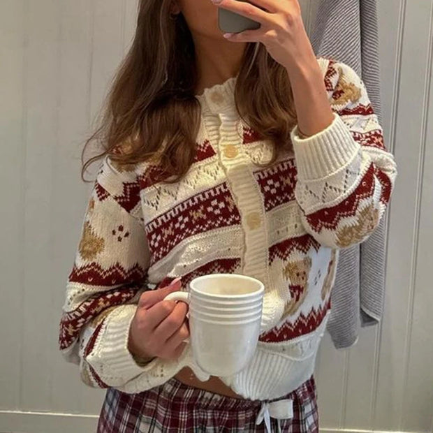 Cozy & Chic Women’s Y2K Vintage Knitted Cardigan – Christmas Bear Print, Long Sleeve, Button Down Sweater for Autumn/Winter