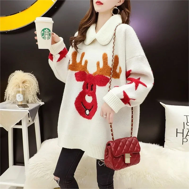 Cozy Reindeer Christmas Sweater 2023 – Winter Women's Pullover | Loose-Fit Holiday Sweater for Office & Casual Wear