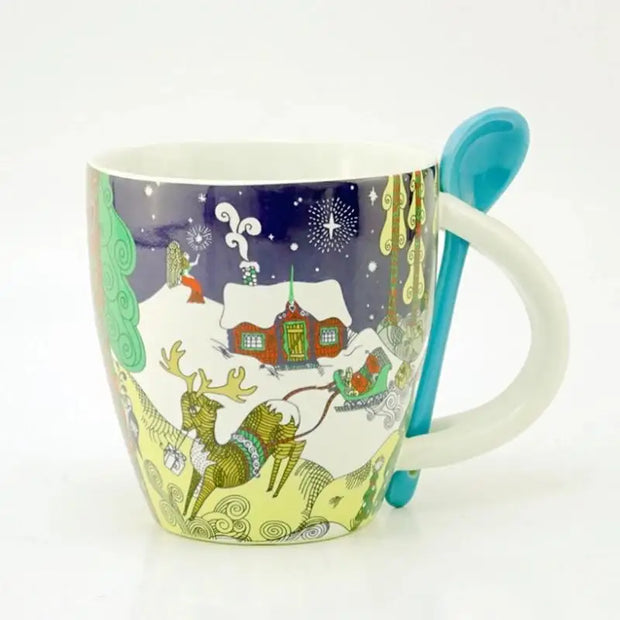 🎄 Xmas Winter Reindeer Mug - Custom Logo Ceramic Coffee Mug w/ Spoon 🎅