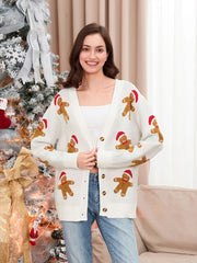 Festive Gingerbread Man Cardigan - Women's Christmas Button-Front V-Neck Ribbed Knit Sweater | Cozy Long Sleeve Holiday Fashion