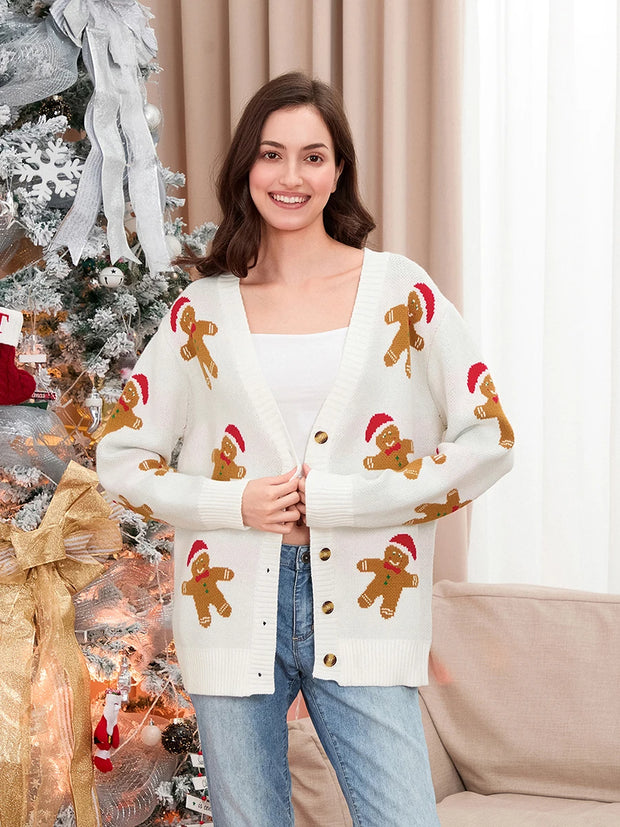 Cozy & Festive Women's Gingerbread Man Christmas Cardigan – Button-Front V-Neck Ribbed Knit Sweater for the Holidays