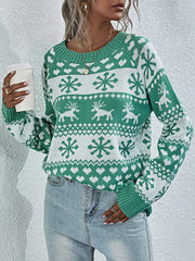 Cozy & Festive Women's Christmas Sweater – Reindeer Snowflake Long Sleeve Ribbed Knit Top for Holiday Cheer!