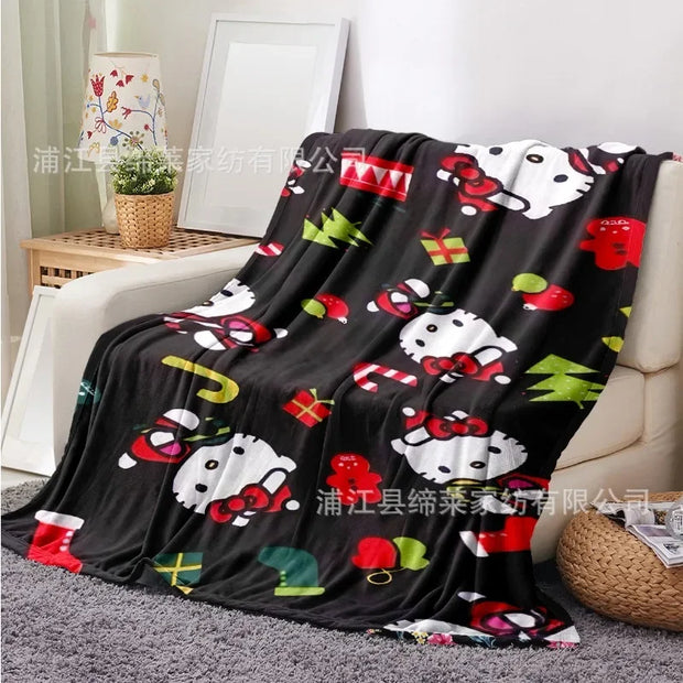 Kawaii Christmas Flannel Plush Blanket – Hello Kitty, Kuromi & My Melody 🎁