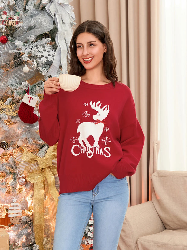 Women's Christmas Sweater with Reindeer, Letter & Bow Details - Long Sleeve Ribbed Knitted Top for Holiday Cheer