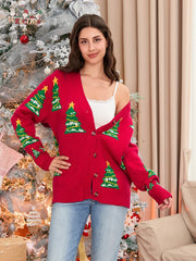 Wsevypo Christmas Tree Print Knit Cardigan – Women's V-Neck Long Sleeve Sweater Coat for Autumn & Winter Warmth!